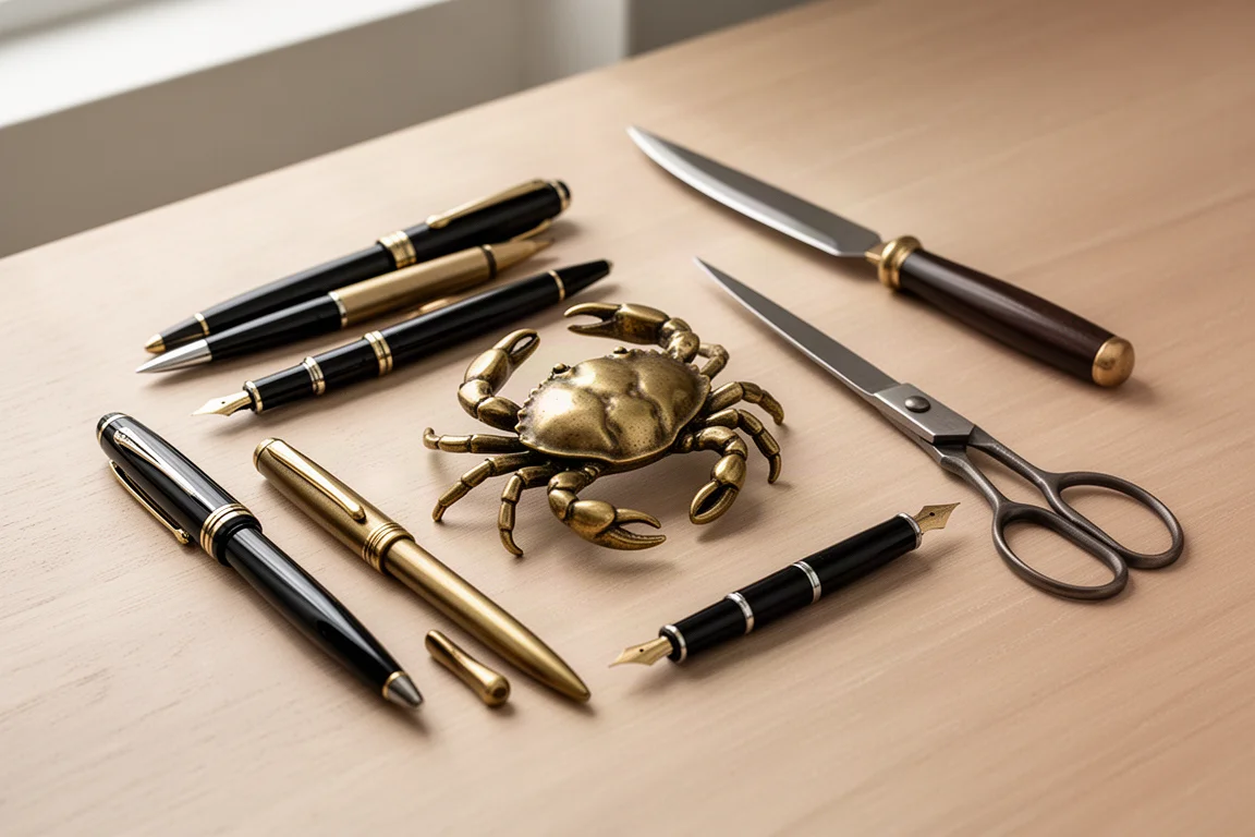 Assorted pens and small everyday items arranged near a brass crab on a desk