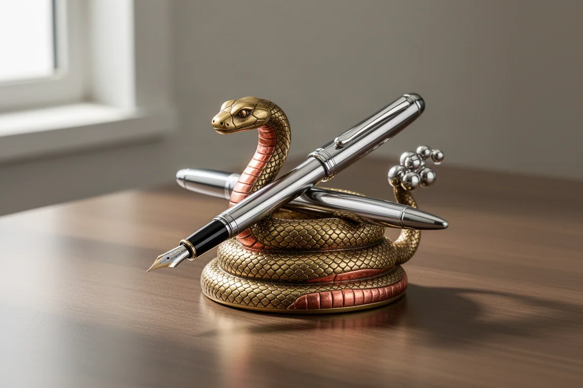 Brass snake pen stand holding a fountain pen on a wooden desk