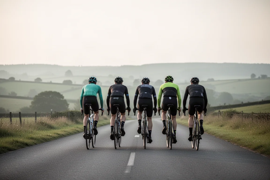 Grupo de ciclistas amadores de estrada pedalando lado a lado em uma estrada rural