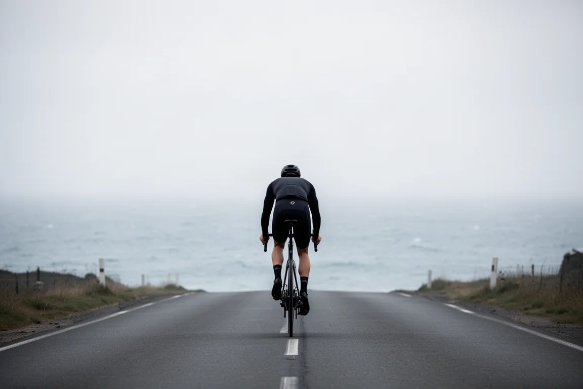 Ciclista de estrada em posição aerodinâmica em uma estrada costeira visto por trás