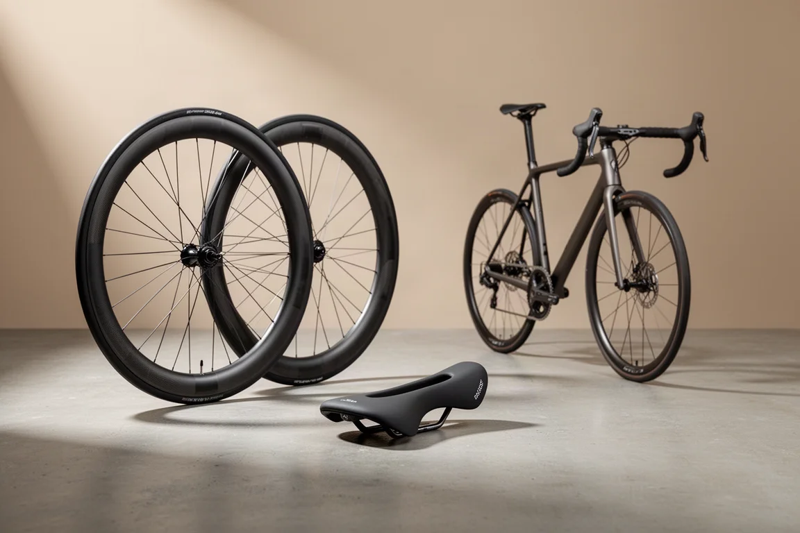 Carbon-Hochprofil-Laufräder, ein Kurzsattel und ein Rennrad mit schmalem Lenker auf Beton