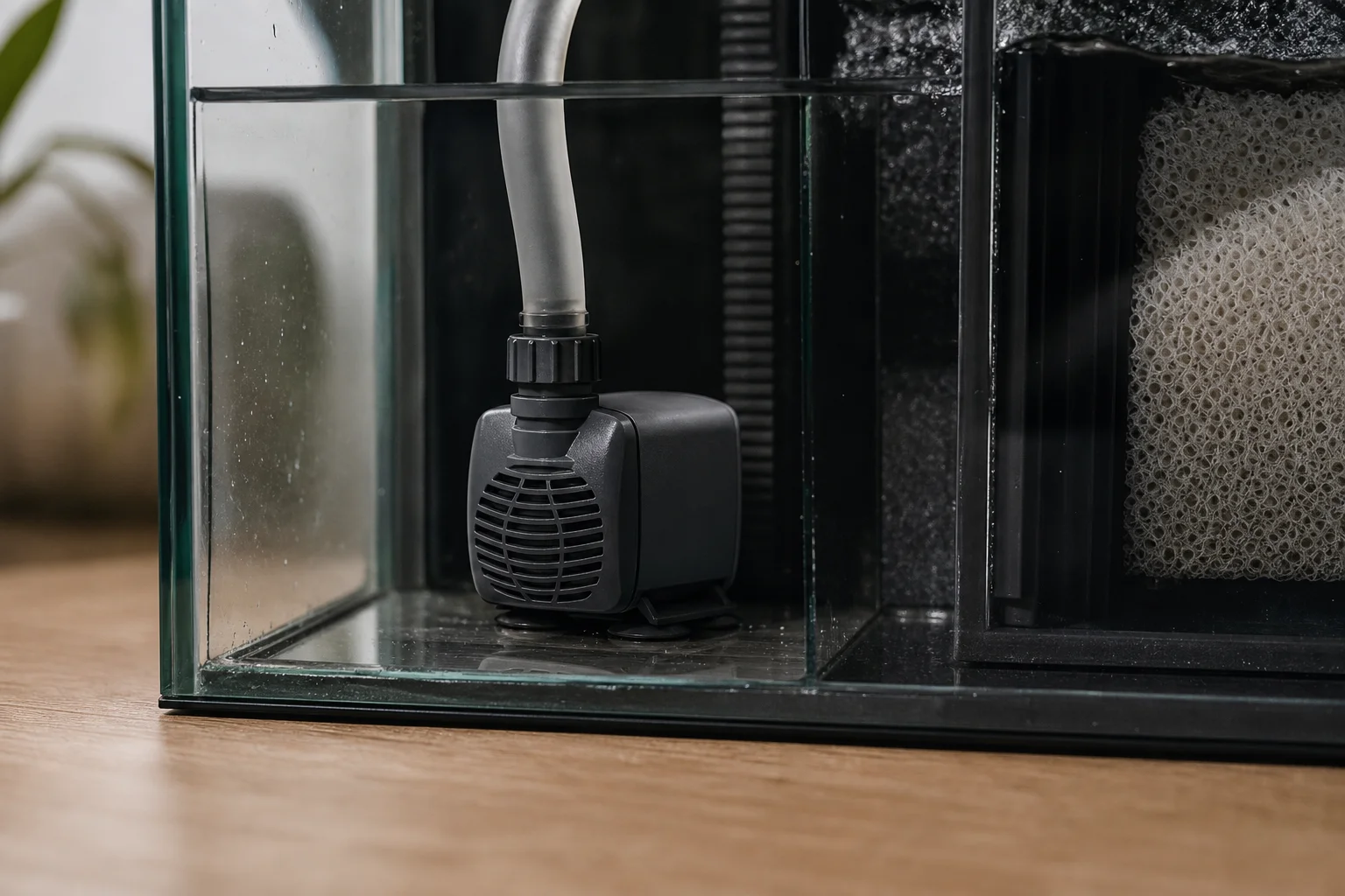 Small aquarium nano pump positioned at the base of an overflow compartment
