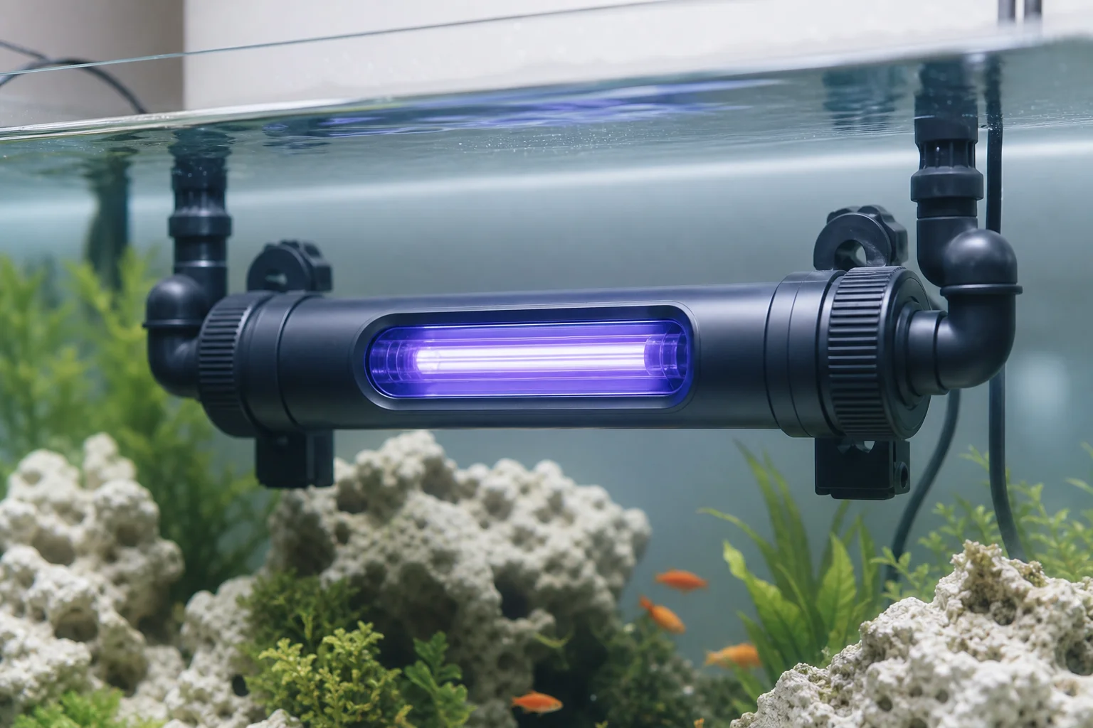 UV sterilizer unit submerged in aquarium water with light visible through viewing window