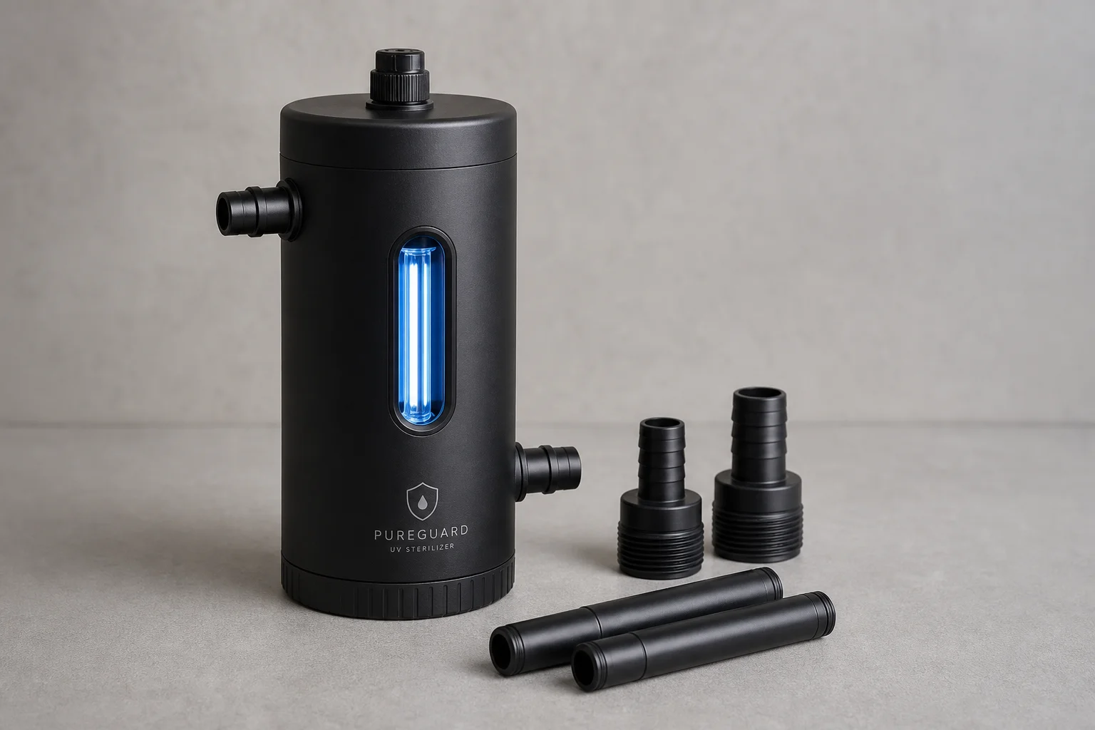Coralife 5W Mini UV Sterilizer with hose adapters on neutral grey surface