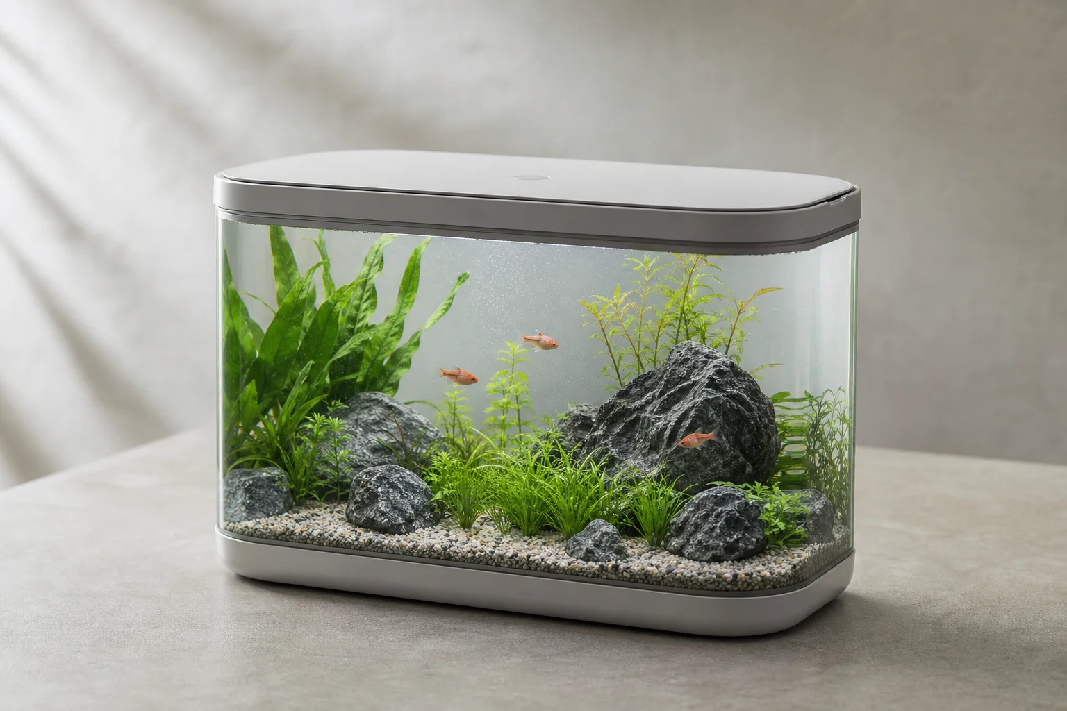 Three aquariums arranged on a wooden surface with clear water and plants