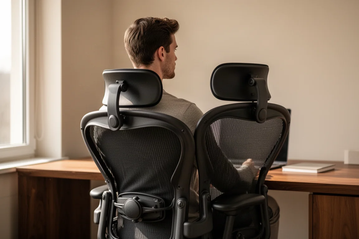 Große Person sitzt bequem an einem Schreibtisch in einem ergonomischen Mesh-Bürostuhl