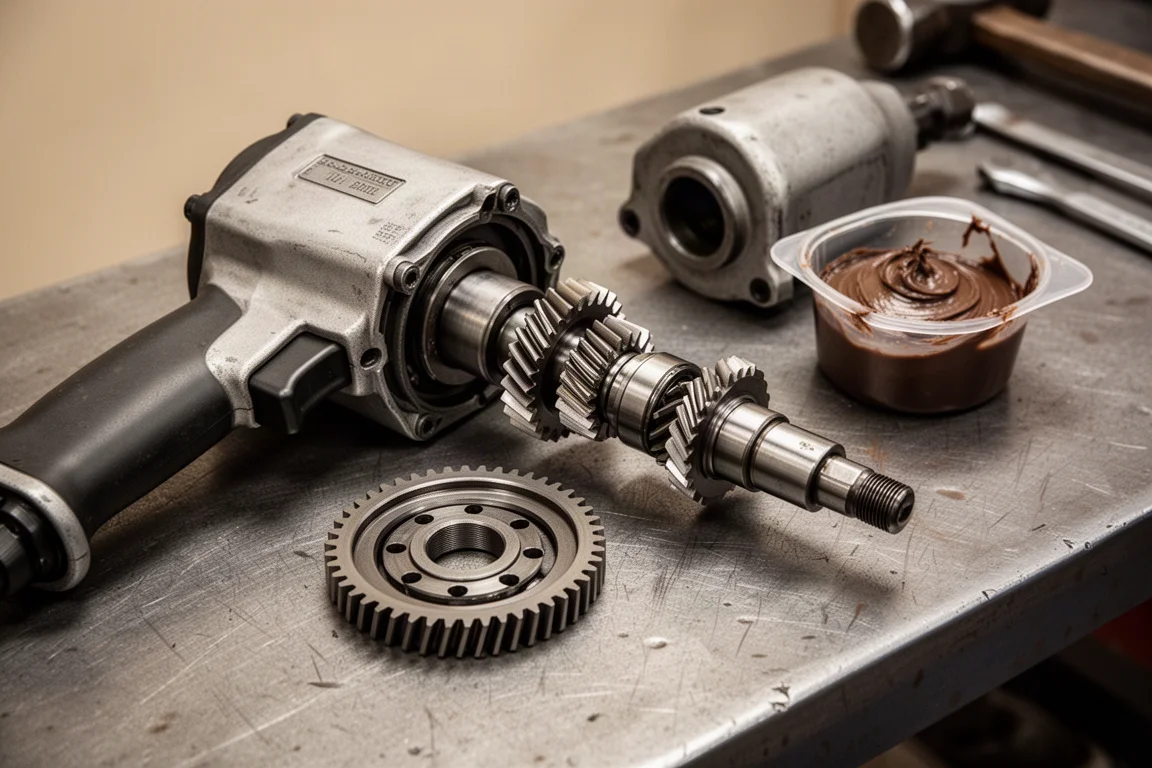 Wewnętrzny mechanizm udarowy i przekładnia rozłożonego klucza udarowego na blacie