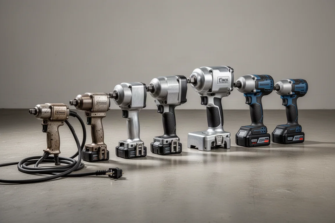 Lineup of six vintage corded and modern cordless impact wrenches on a concrete floor