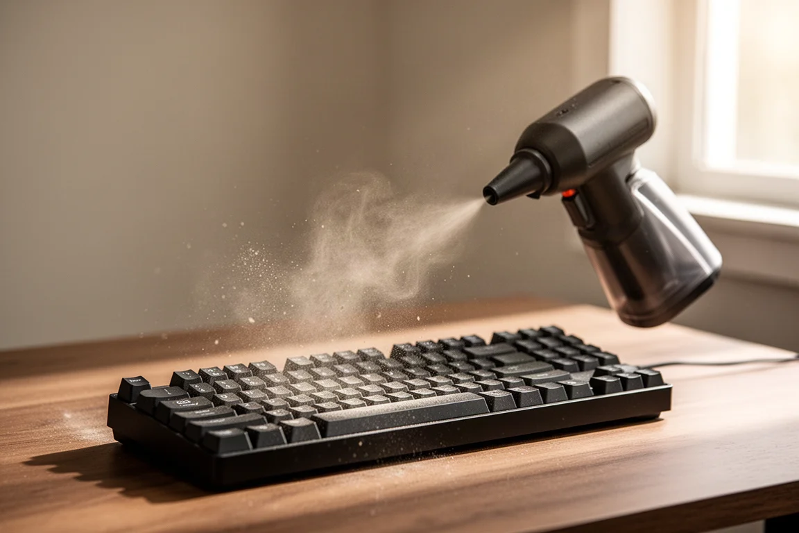 Handhållen trådlös luftpump som blåser damm av ett mekaniskt tangentbord på ett skrivbord