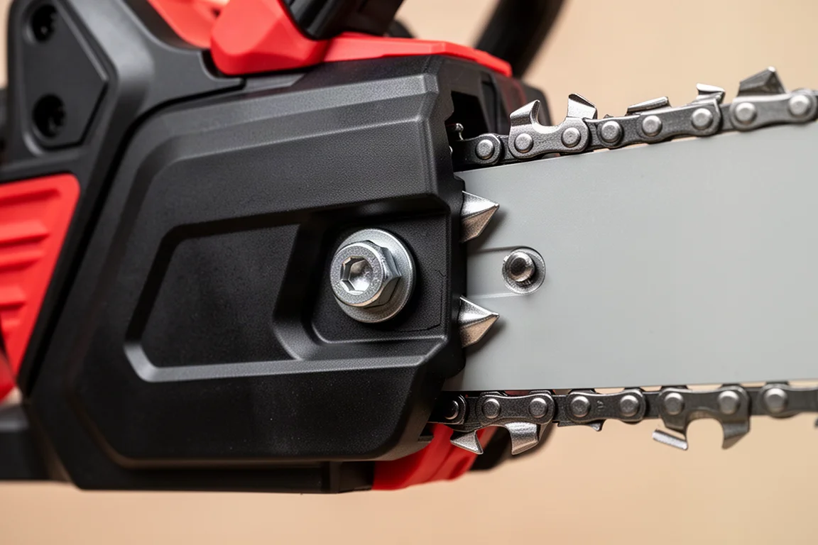 Dettaglio della zona di tensionamento della catena di una motosega e del picchetto di taglio