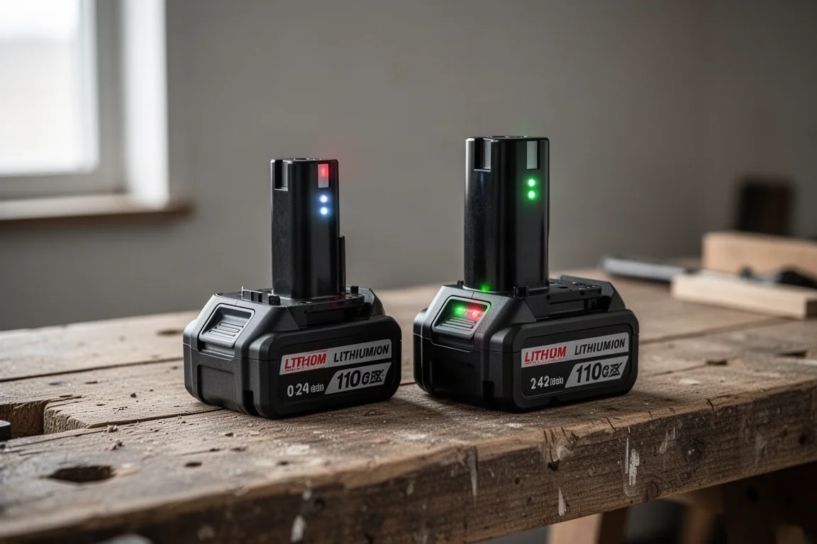 Batterie agli ioni di litio di capacità diverse allineate su una panca di legno