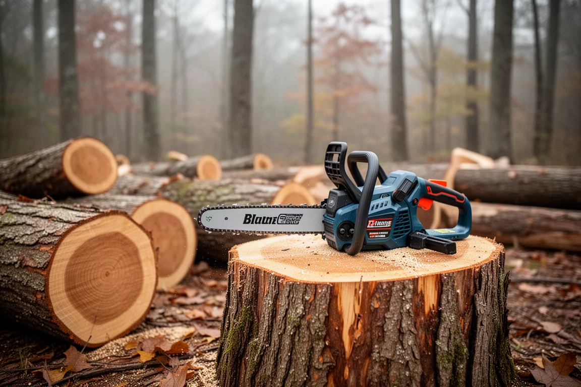 Cordless top-handle chainsaw on a freshly cut hardwood stump in a wooded clearing
