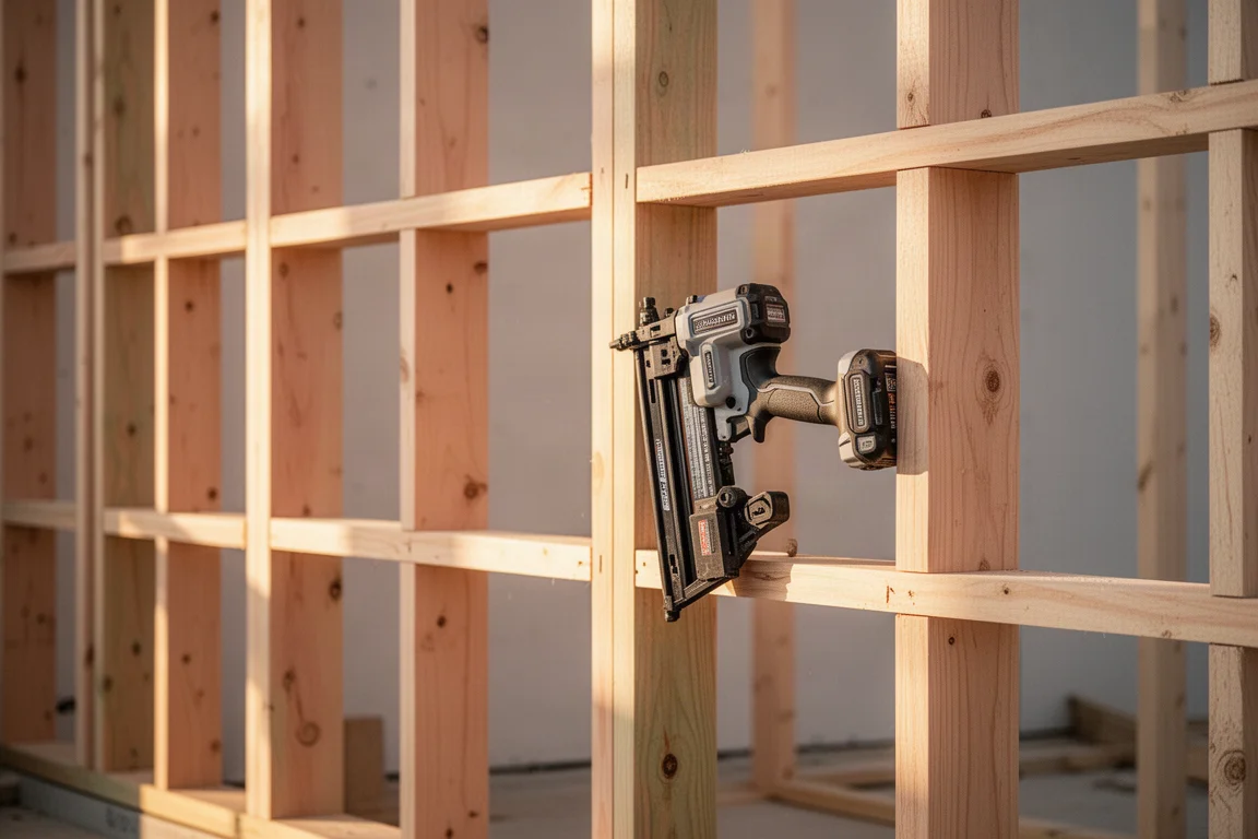 Timber framing wall under construction with a nailer resting on a stud