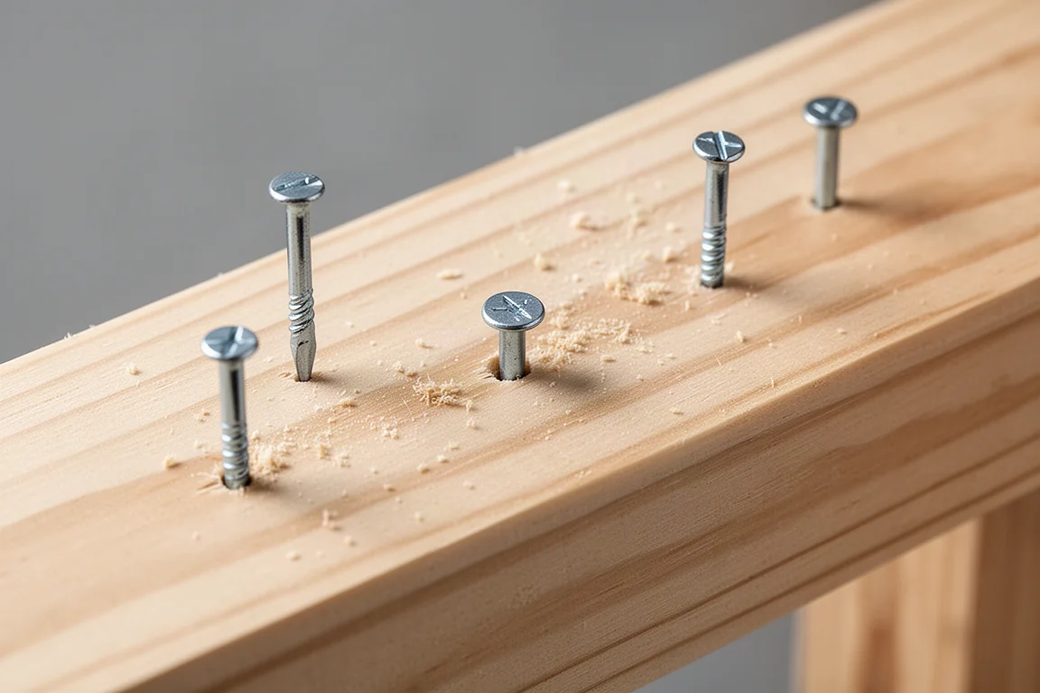 Close-up of nail heads driven flush into softwood timber