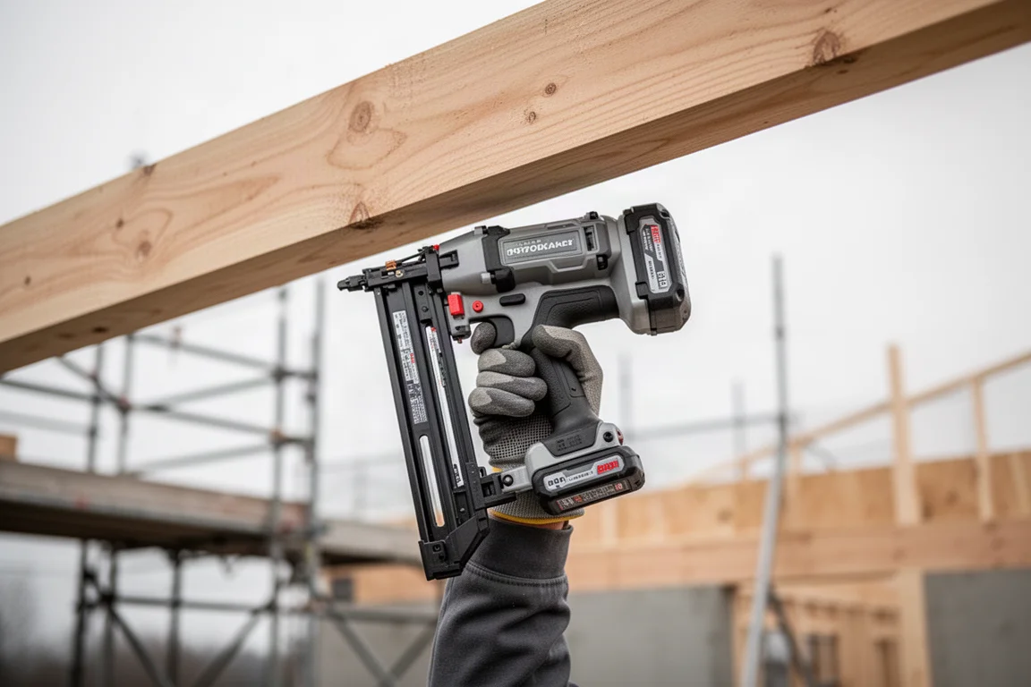 Framing nailer held one-handed during overhead nailing on a site