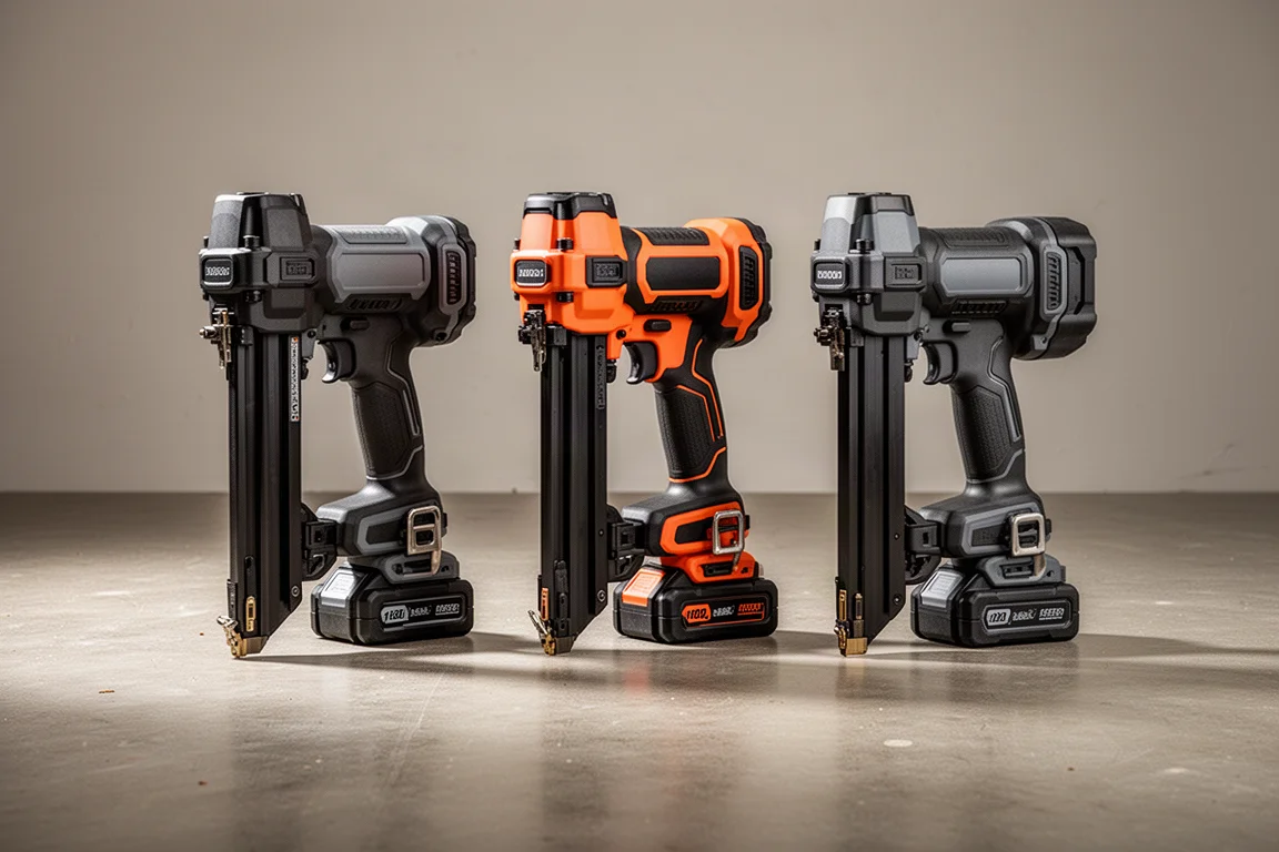 Three cordless framing nailers standing side by side on a concrete workshop floor