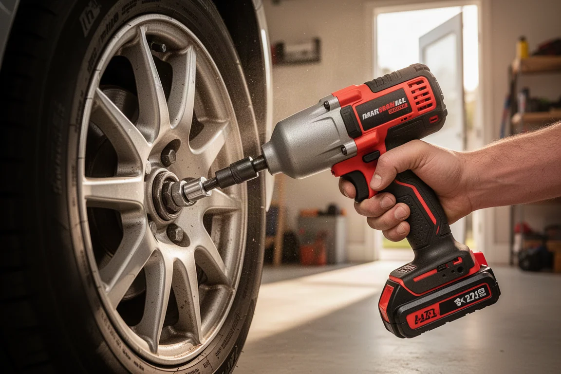 Chave de impacto afrouxando uma porca de roda em um carro em uma garagem doméstica