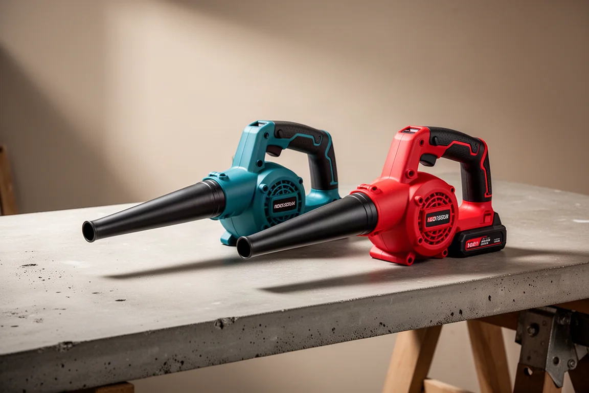 Makita and Milwaukee cordless blowers side by side on a concrete workbench
