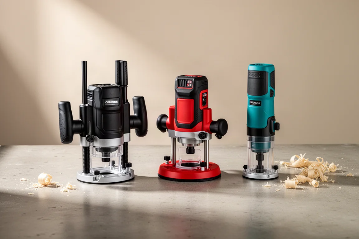 Three cordless plunge routers lined up on a concrete workshop surface