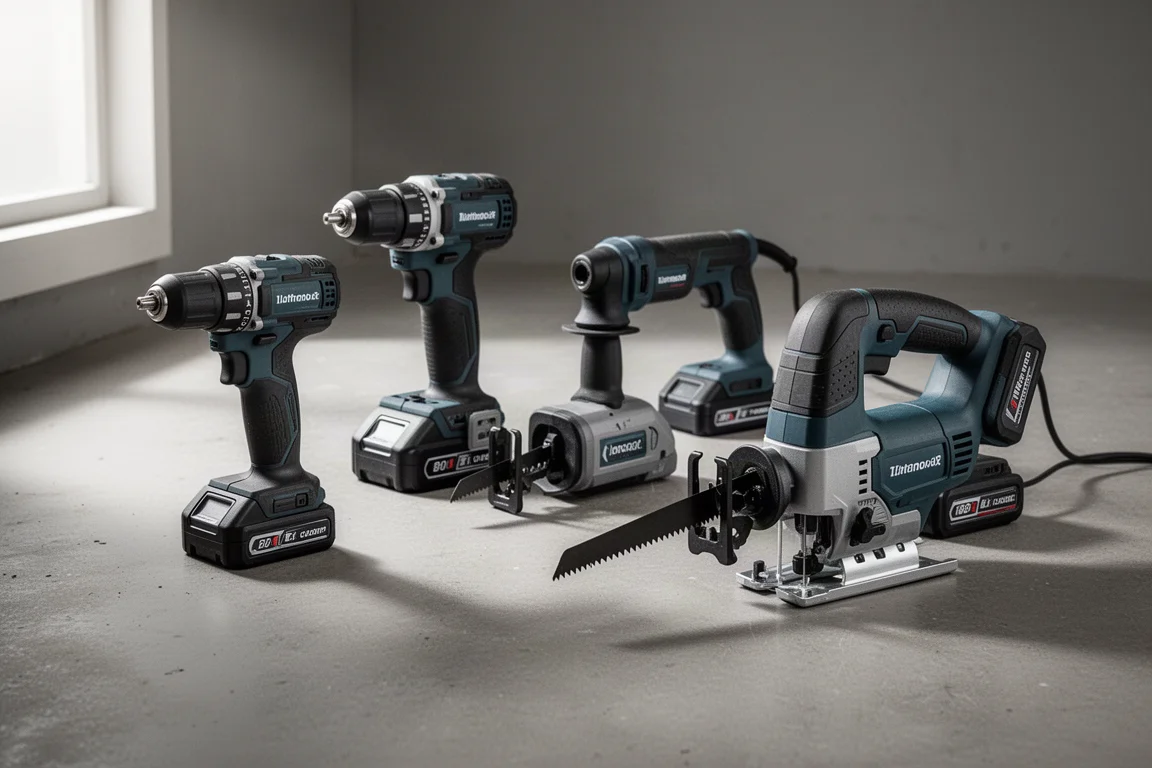 Assorted cordless power tools with battery packs on a concrete workshop floor