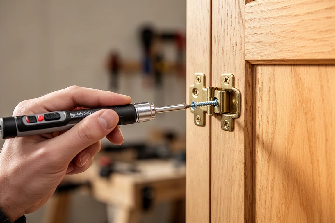 Une main utilisant une visseuse compacte pour serrer une charnière sur une porte d'armoire en bois