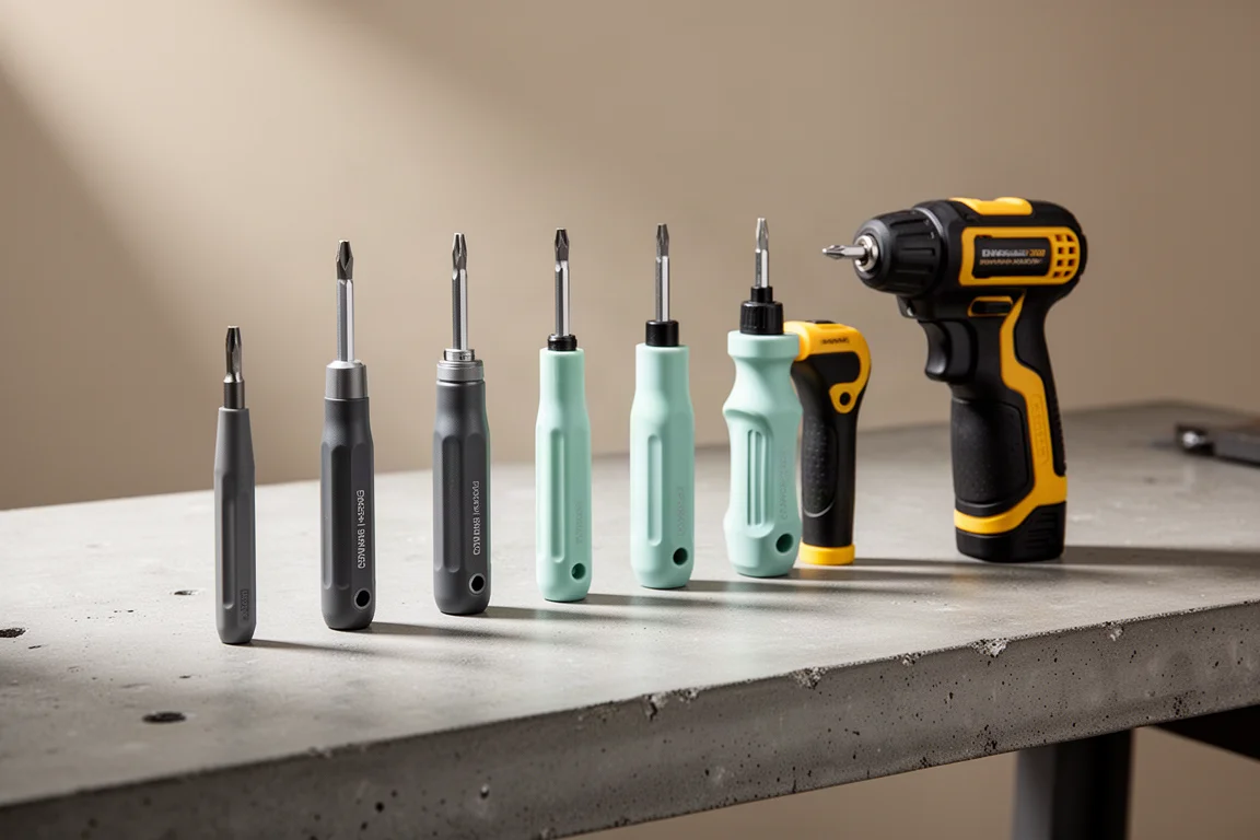 Seven small cordless screwdrivers of varying body styles lined up on a concrete workbench