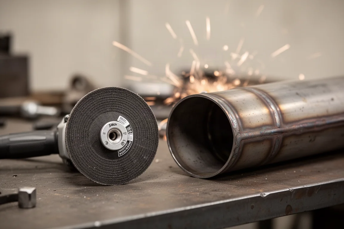 Werkbank met een 3-inch slijpschijf envonkjes op de achtergrond