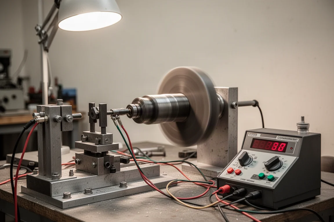 Dynamometer-testopstelling met een slijtgereedschap dat onder belasting een slijpschijf draait