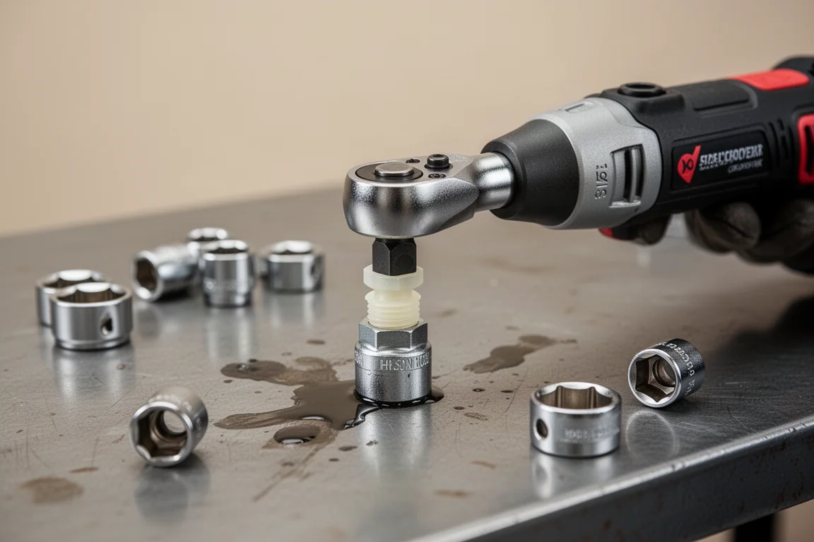 Mechanic unthreading a Nylock nut with a power ratchet on a workbench