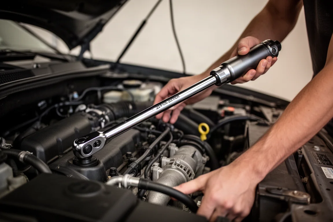 Long-reach ratchet reaching deep into an engine bay to reach a front accessory