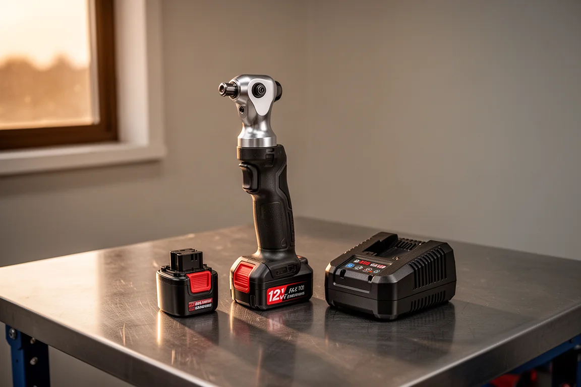 Cordless ratchet and battery charger resting on a workshop bench at dusk