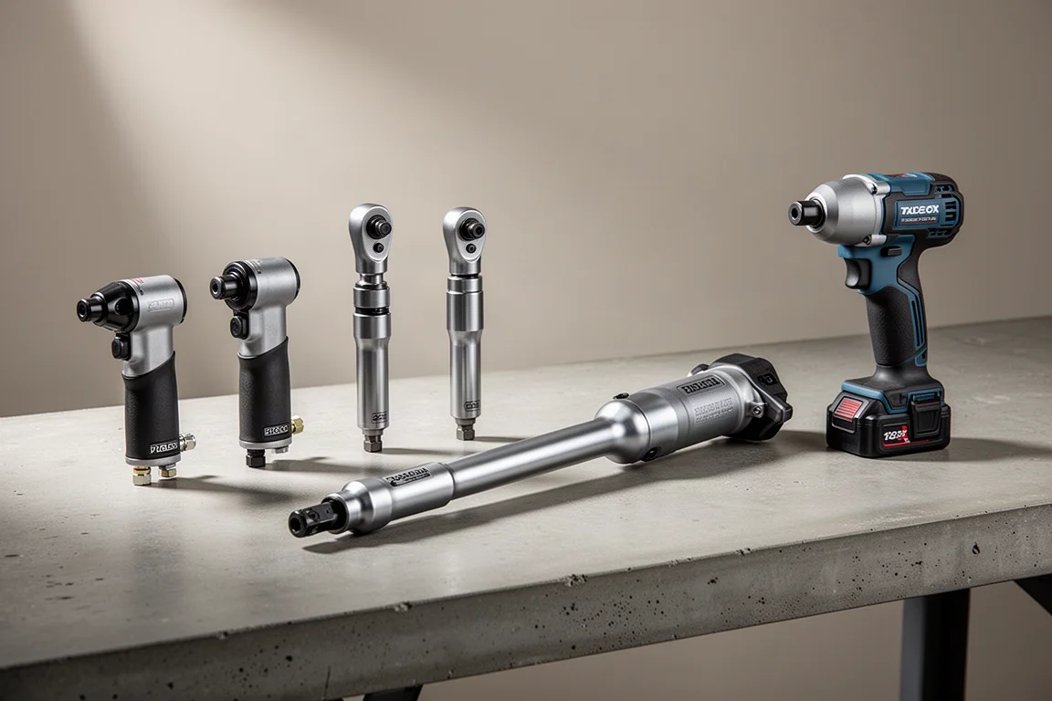 Six power ratchets of different styles arranged in a row on a concrete workbench