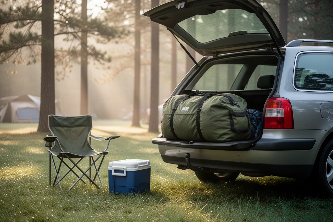 Ingepakte tenttas op een autoachterklep op een grasrijke camping in ochtendlicht