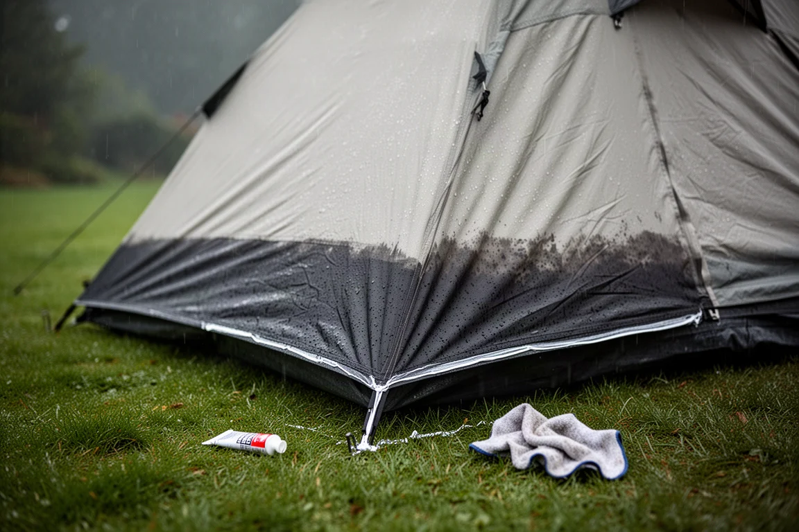 Cabinetent opgezet in de regen met waterparels op de regenfly