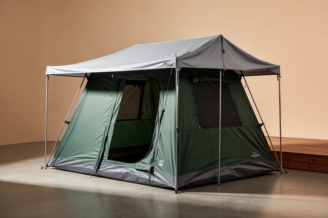 Core 9-Person Instant Cabin Tent fully pitched on a concrete surface with rainfly fitted