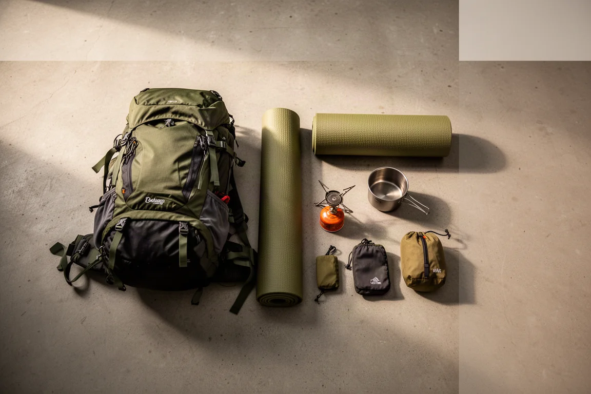 Backpackare som organiserar utrustning på en träyta utomhus