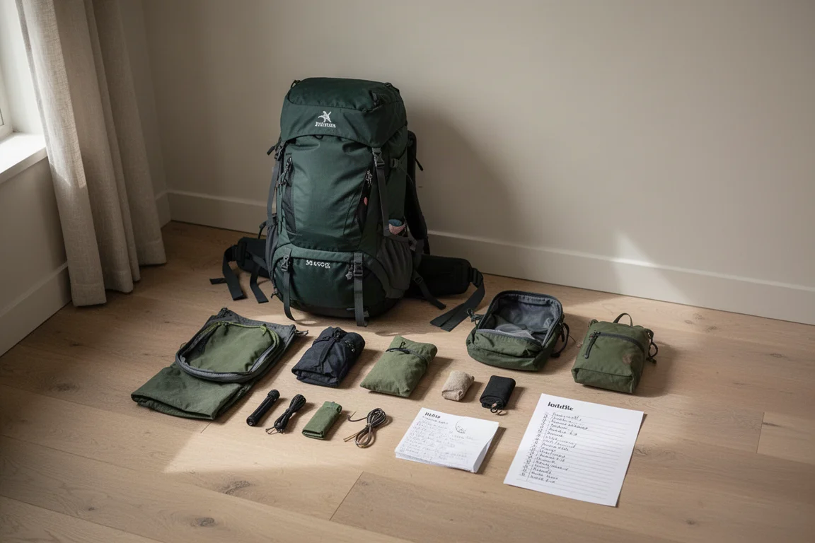 Backpackare som kontrollerar en satellitmessenger på en vandringsled i bergen