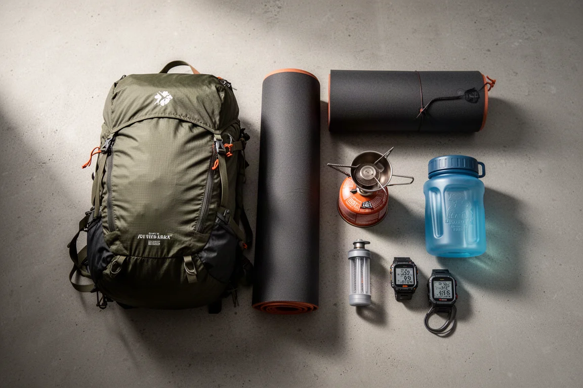Core backpacking gear laid out on a concrete surface including a pack, pad, stove, pot, canister, filter and watch