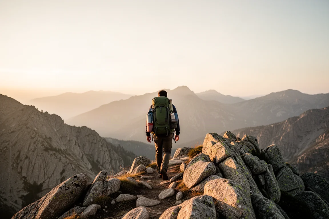 Wanderer von hinten auf einem felsigen Grat in der Abendsonne mit bepacktem Rucksack