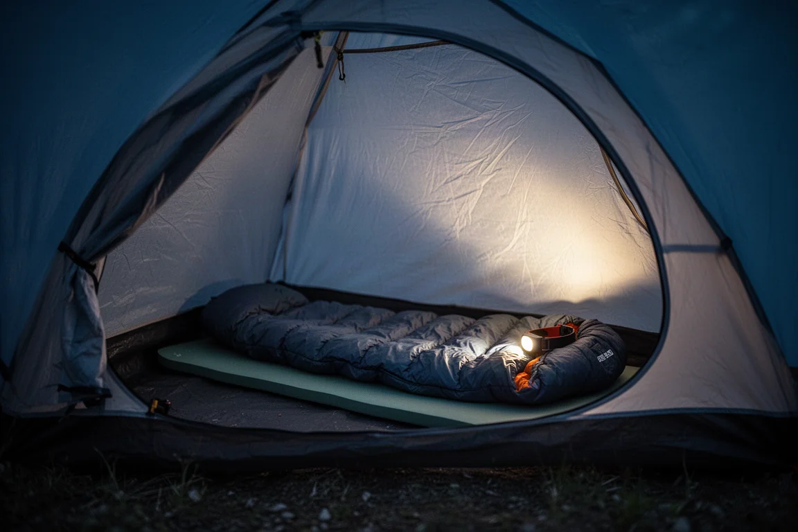 Zeltinneres bei Nacht mit Isomatte, Schlafsack und warmem Stirnlampenlicht