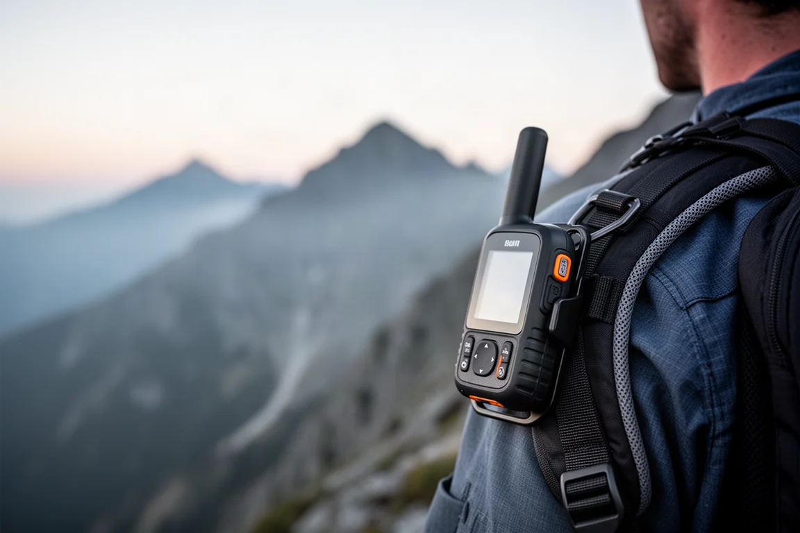 Kompakter Satelliten-Messenger an einem Rucksackgurt an einem Alpengrat im Morgengrauen