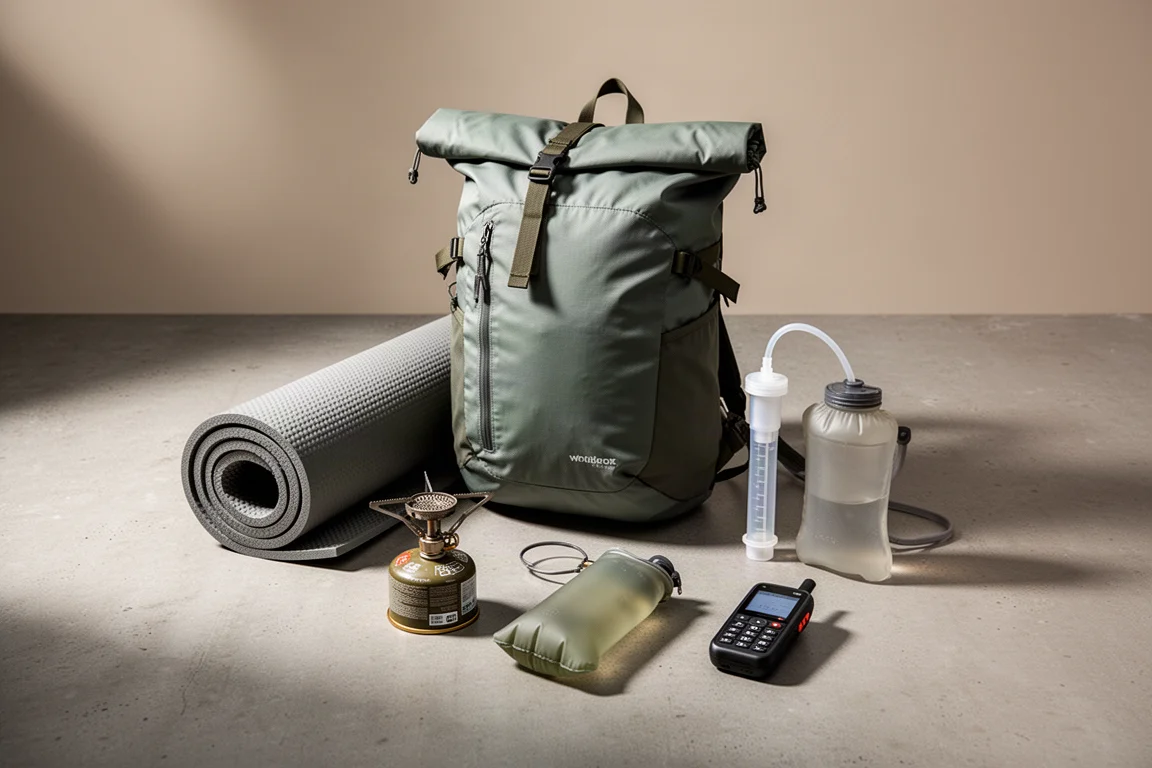 Backpacking core kit items arranged on a matte concrete surface for a gear roundup