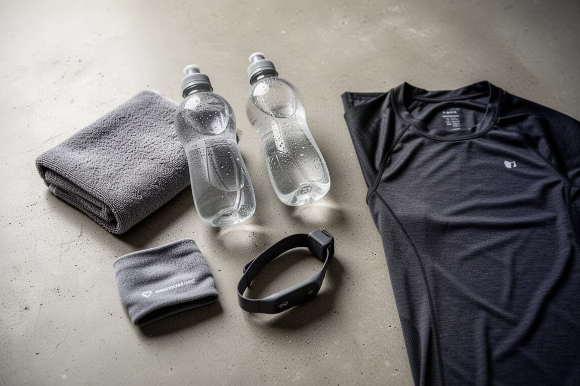 Flat lay of indoor training kit with towel, bottles and heat-retaining clothing
