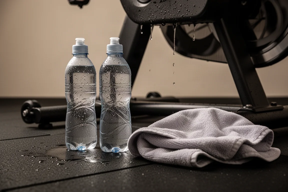 Water bottles and towel on the floor beside an indoor trainer after a hot session