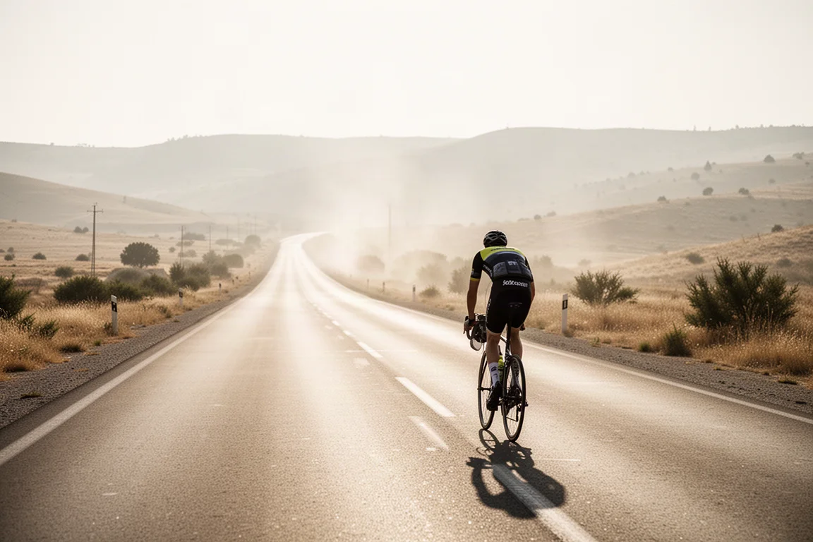 Cyclist climbing a hot open road with heat haze rising from the tarmac