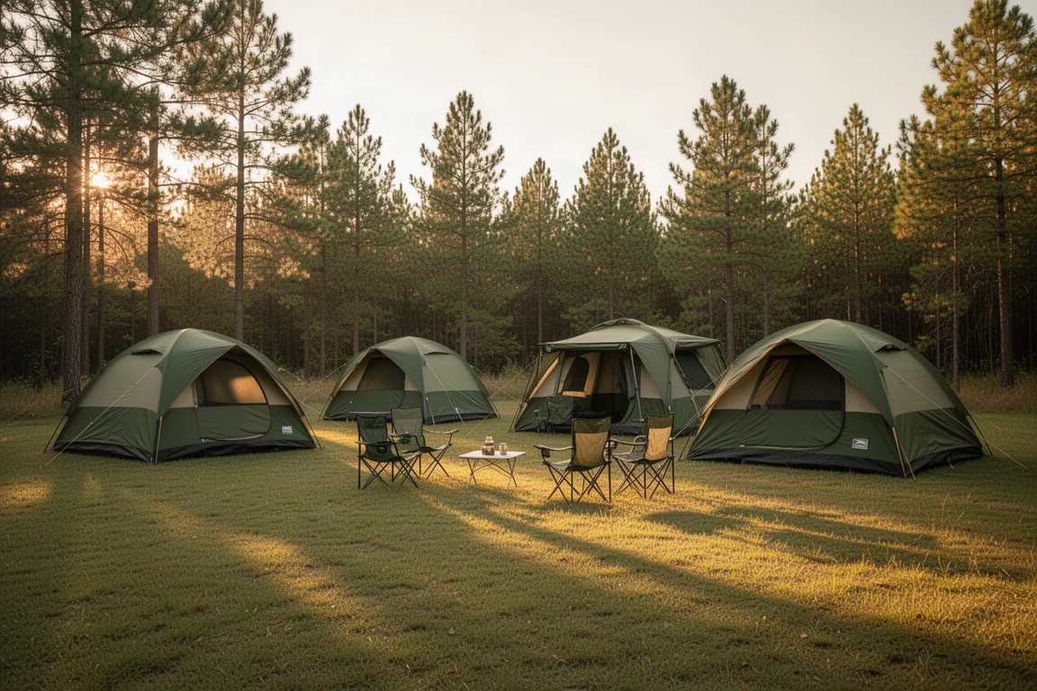 Barraca grande de cabana brilhando ao anoitecer em uma clareira de camping chuvosa