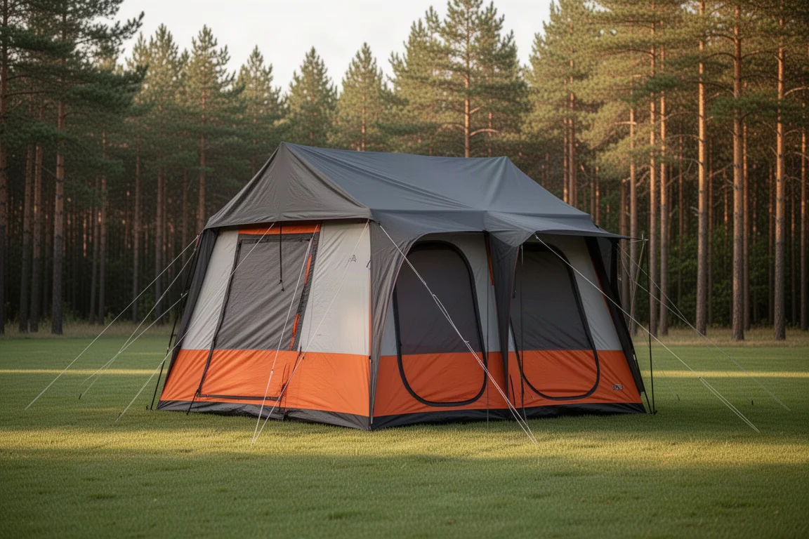 Large straight wall cabin tent with orange and dark green panels on concrete