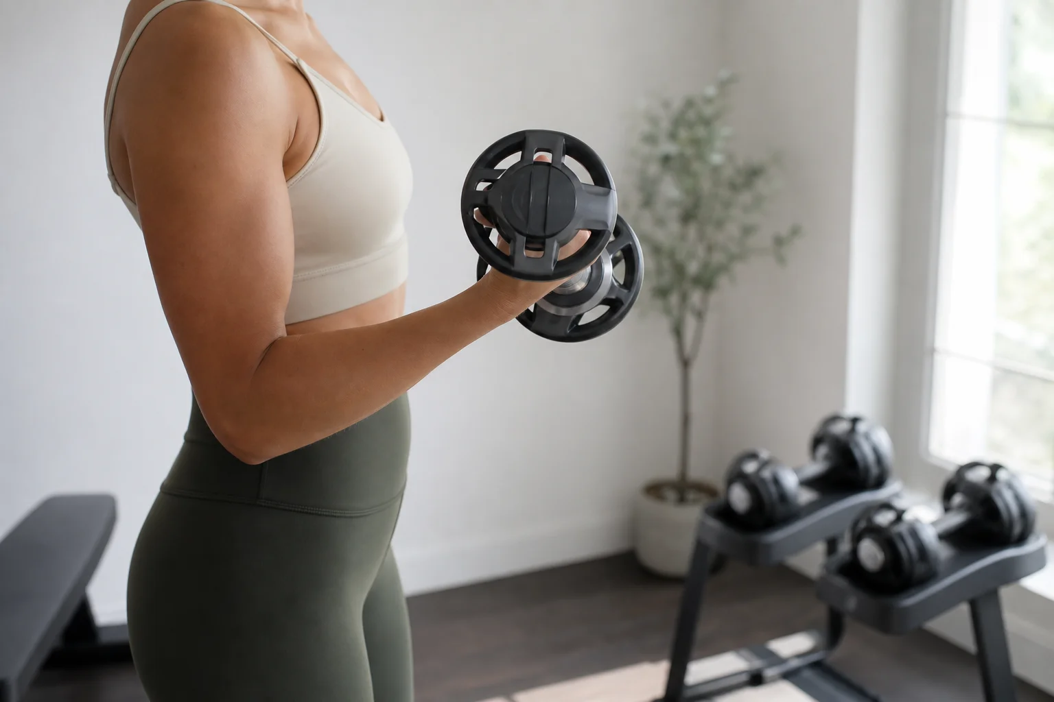 Persona che esegue un esercizio di curl con manubri in una palestra domestica