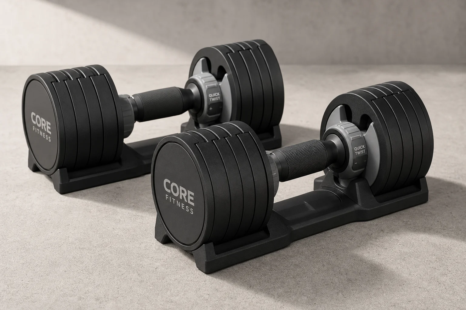 Manubri regolabili Core Fitness su una superficie in cemento che mostra il meccanismo Quick Twist