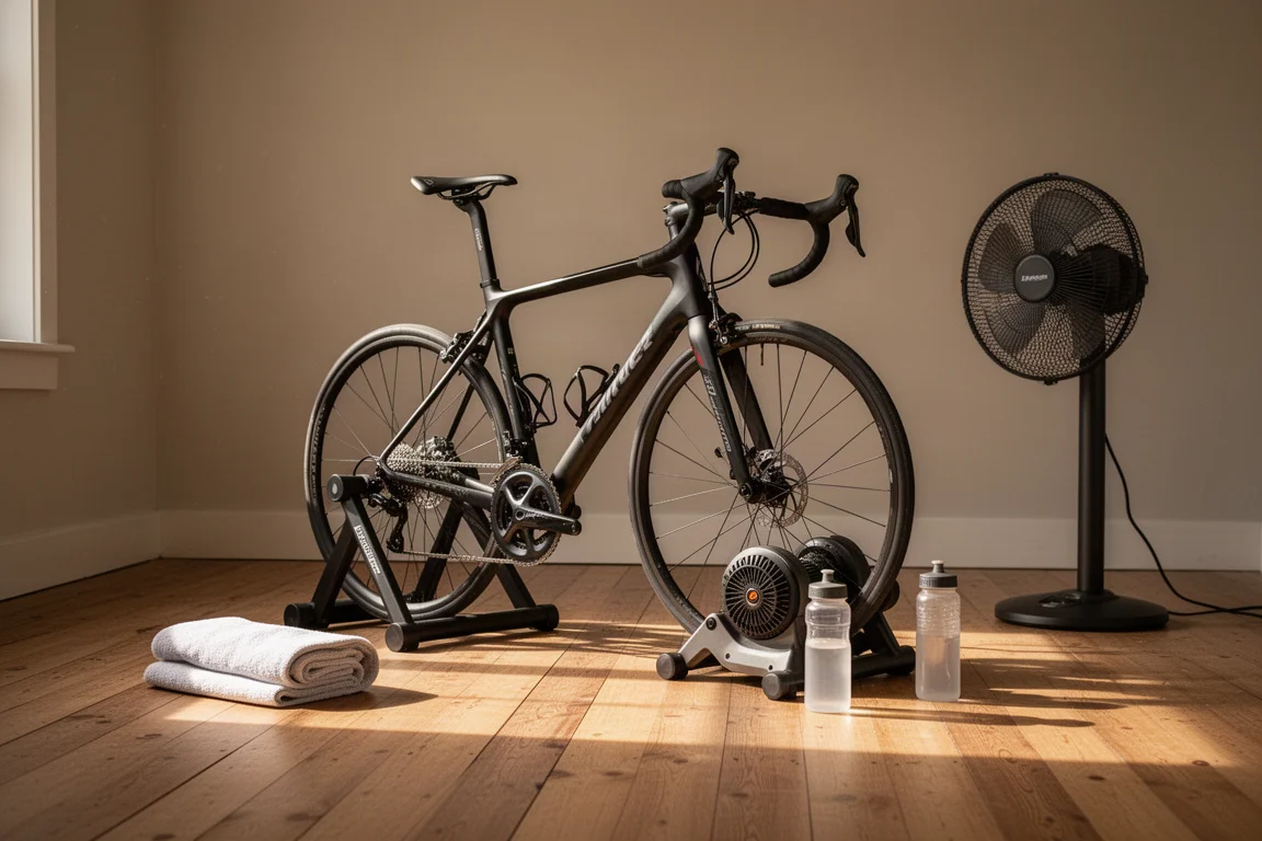 暖かい部屋でファンを切ってターボトレーナーに乗る室内サイクリスト